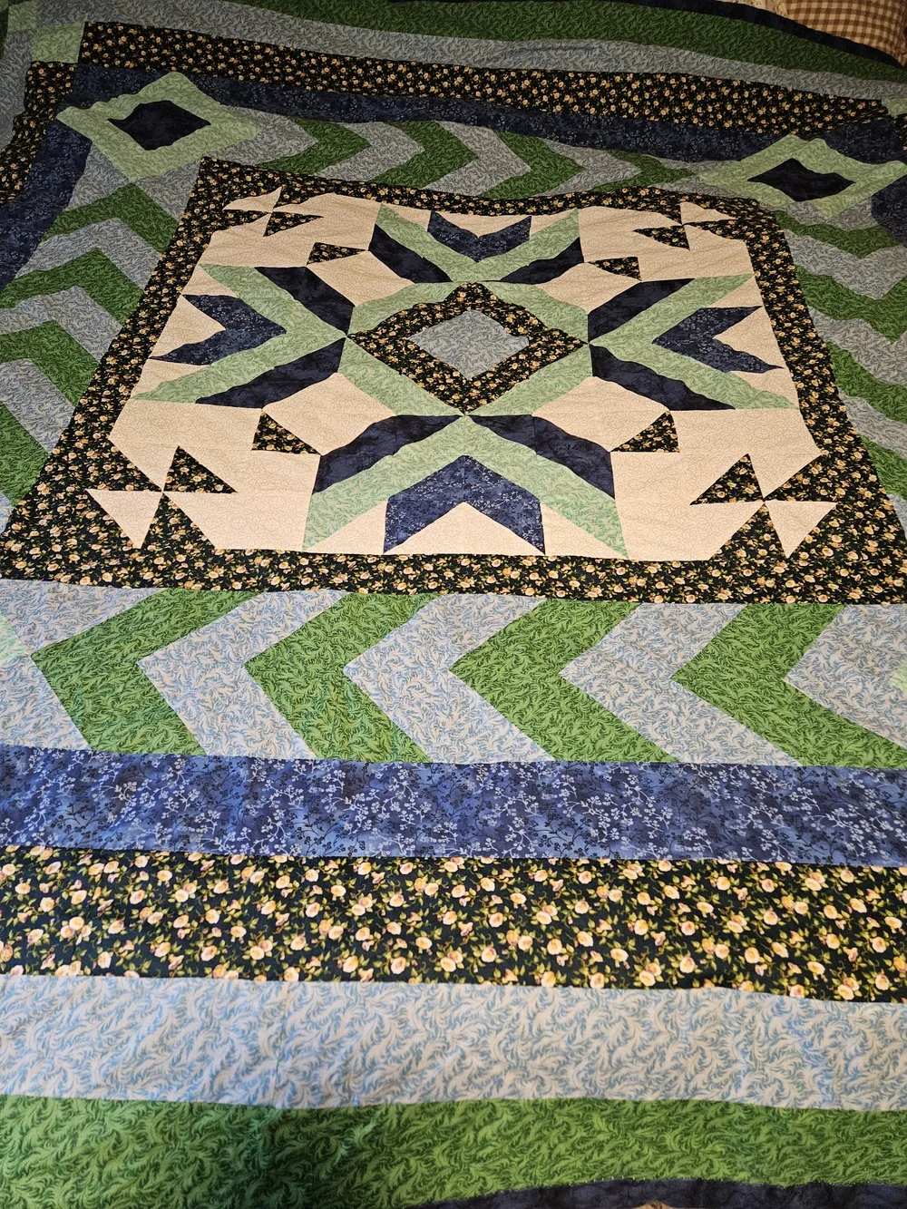 Handmade Quilted Bedspread in Green, Blue and Cream